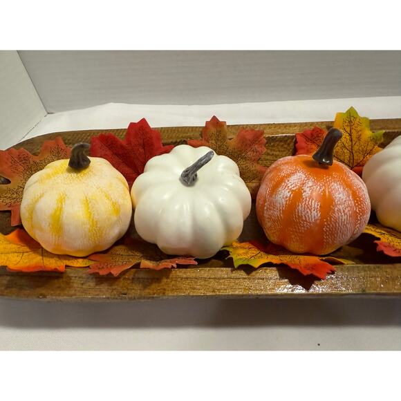 Carved Wooden Dough Bowl Primitive Wood Rustic Fall Decor, Pumpkins, Leaves - Picture 4 of 13